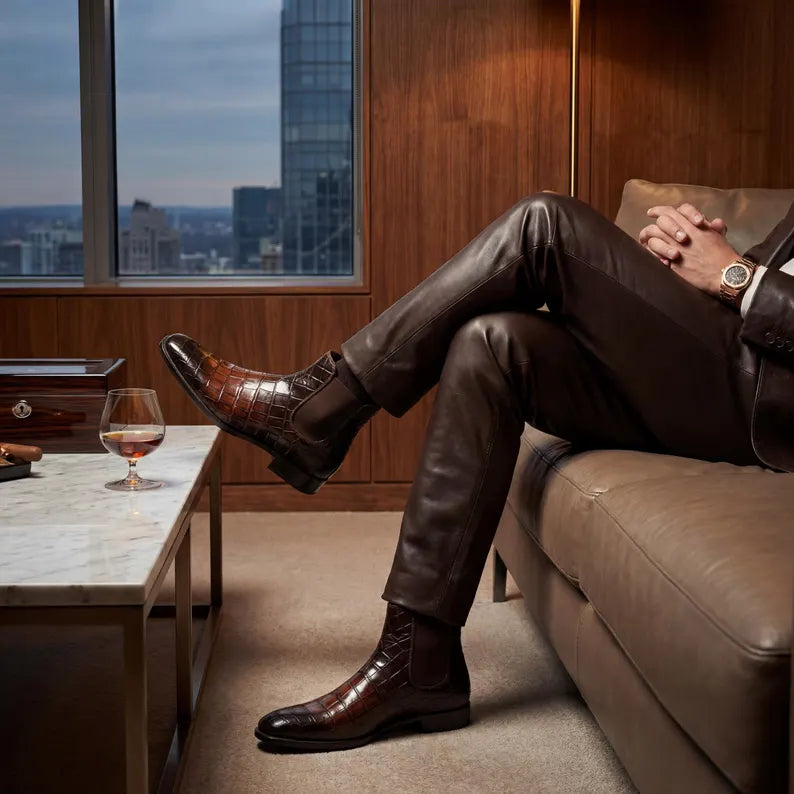 Alligator Chelsea Boots Men's Leather Dress Shoes.
