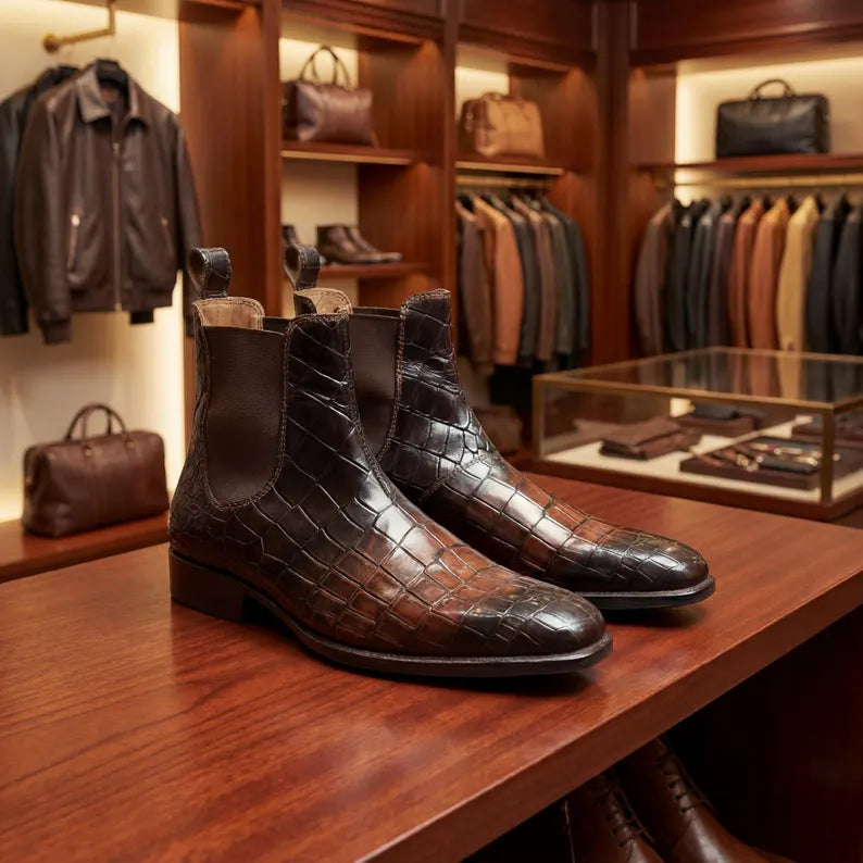 Alligator Chelsea Boots Men's Leather Dress Shoes.