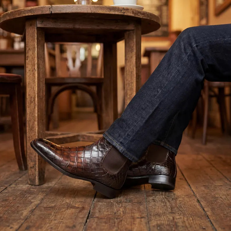 Alligator Chelsea Boots Men's Leather Dress Shoes.