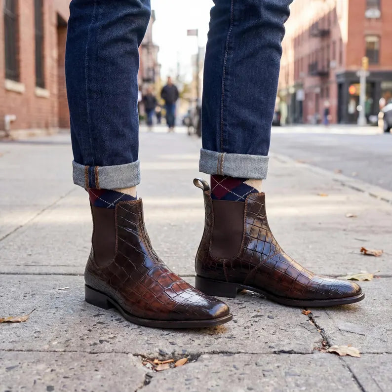 Alligator Chelsea Boots Men's Leather Dress Shoes.
