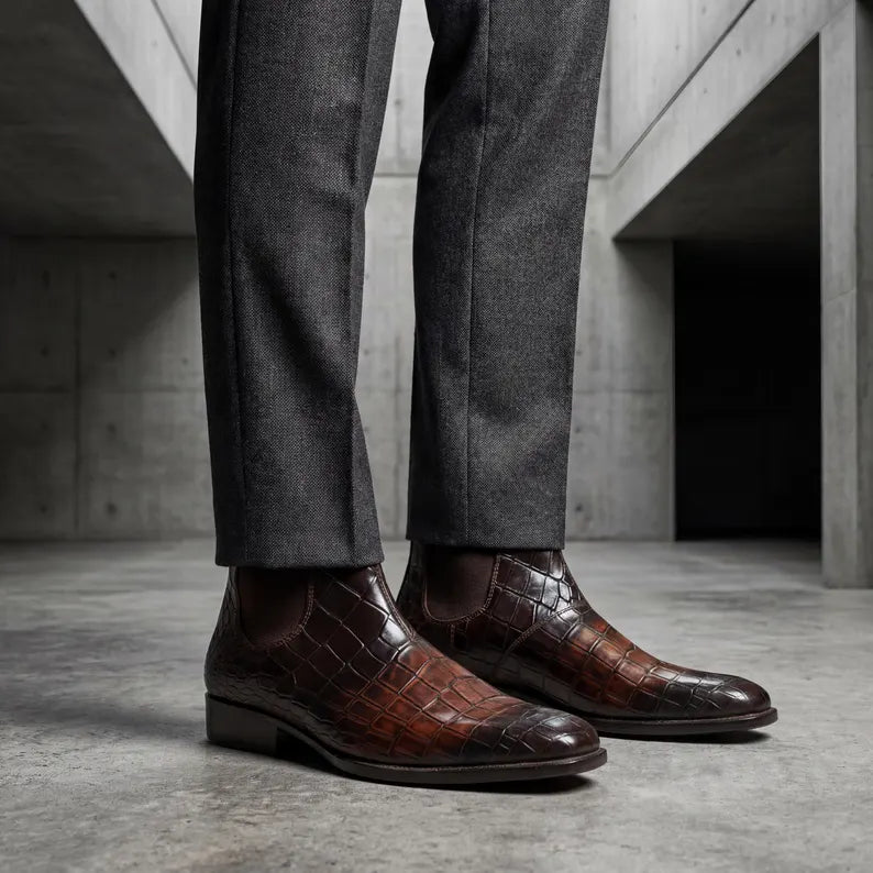 Alligator Chelsea Boots Men's Leather Dress Shoes.