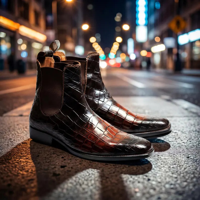 Alligator Chelsea Boots Men's Leather Dress Shoes.