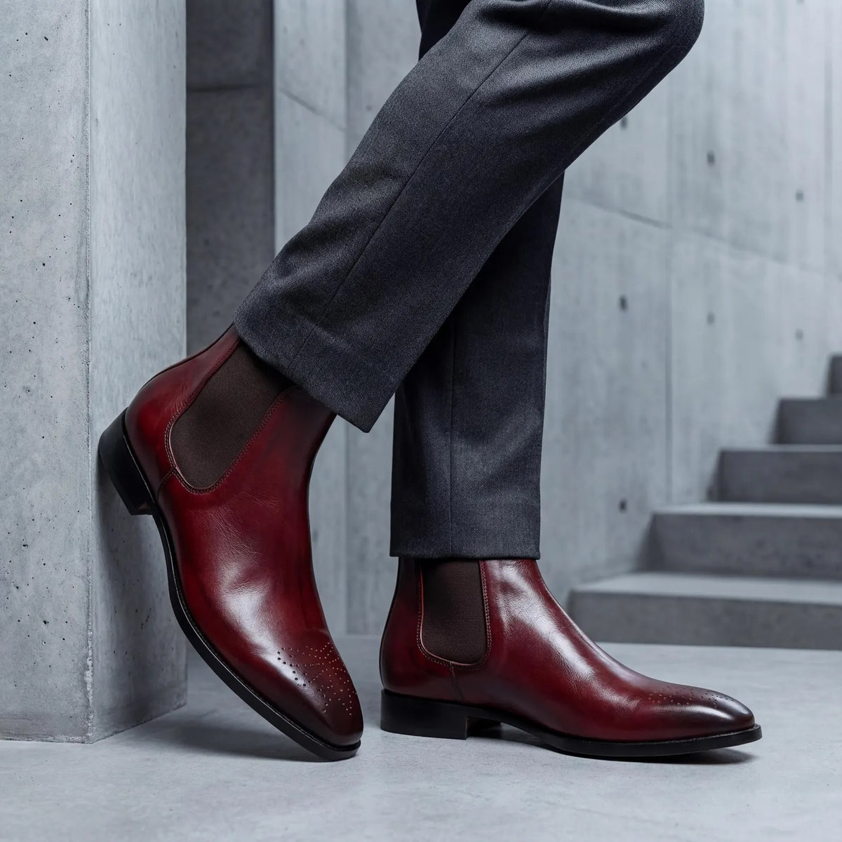 Burgundy Leather Brogue Chelsea Boots