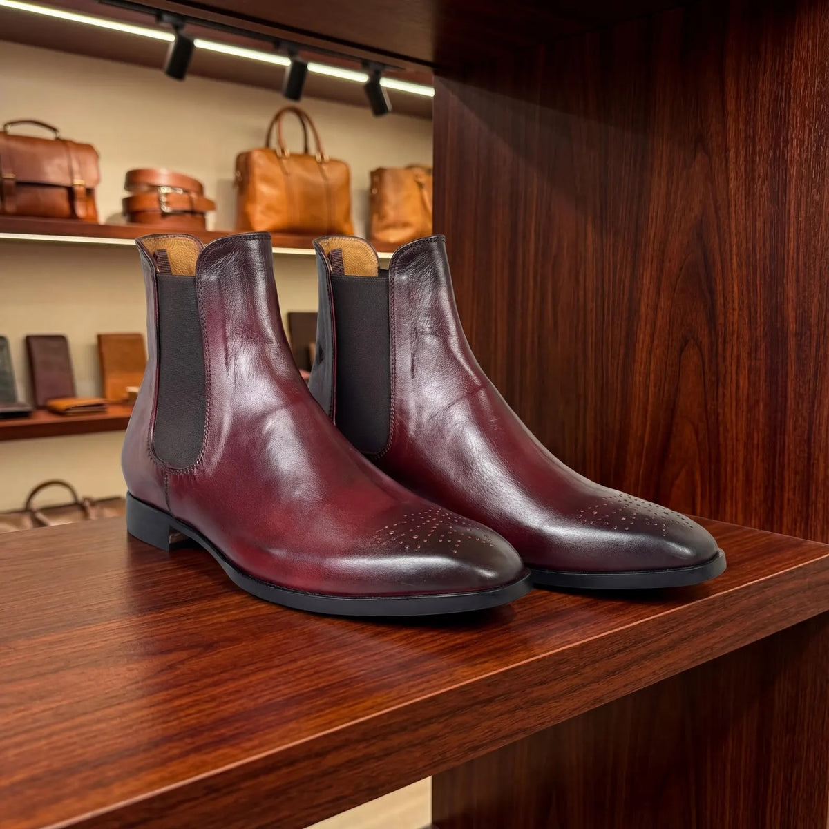 Burgundy Leather Brogue Chelsea Boots