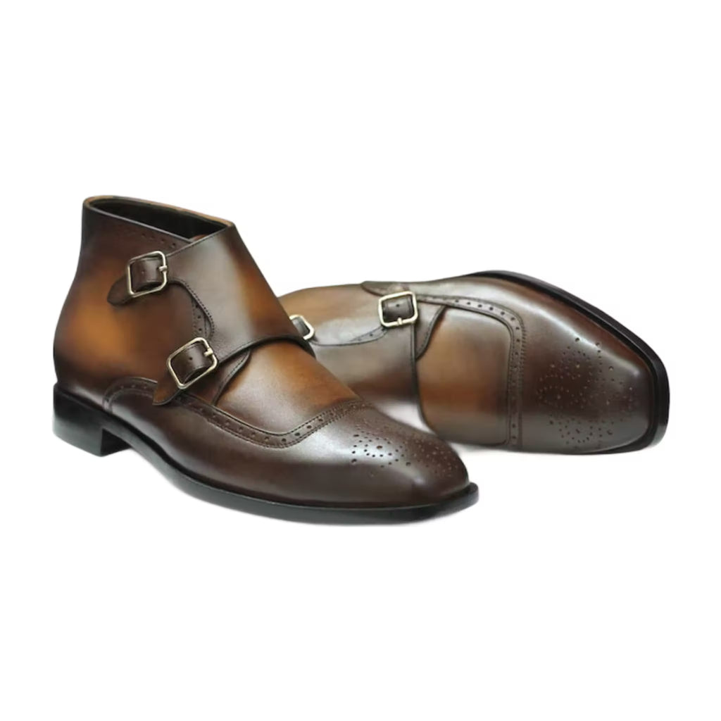 Handmade Leather Brogue Double Monk Strap Boots