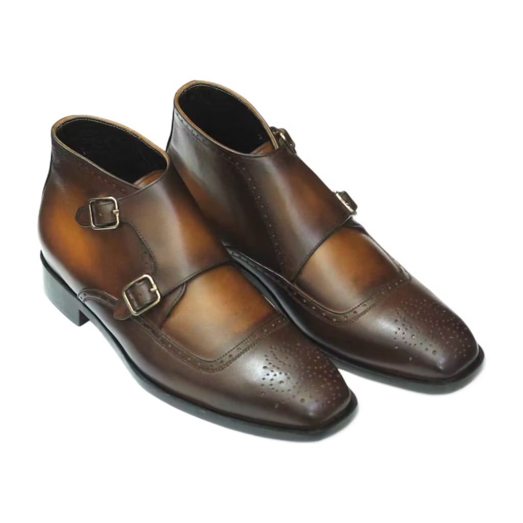 Handmade Leather Brogue Double Monk Strap Boots