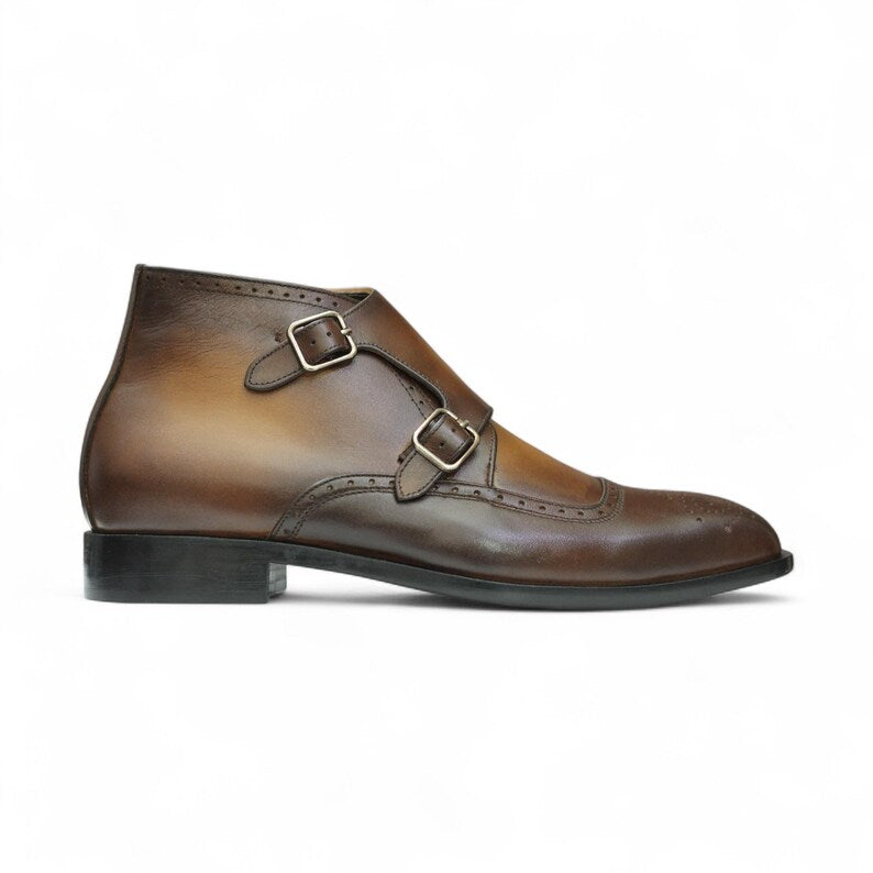 Handmade Leather Brogue Double Monk Strap Boots