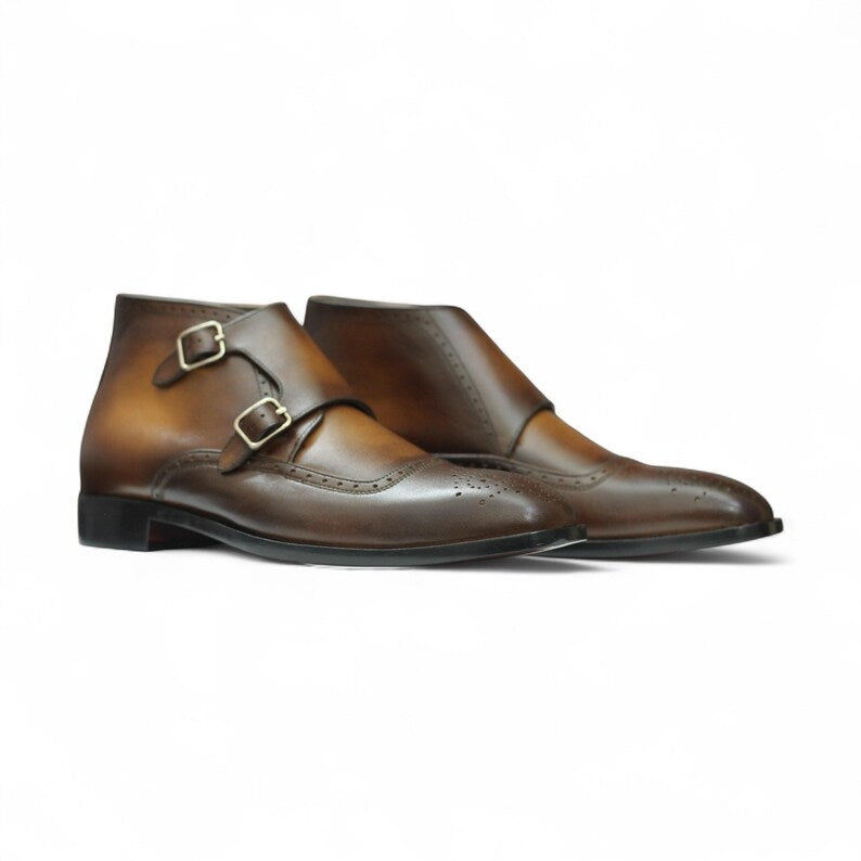 Handmade Leather Brogue Double Monk Strap Boots