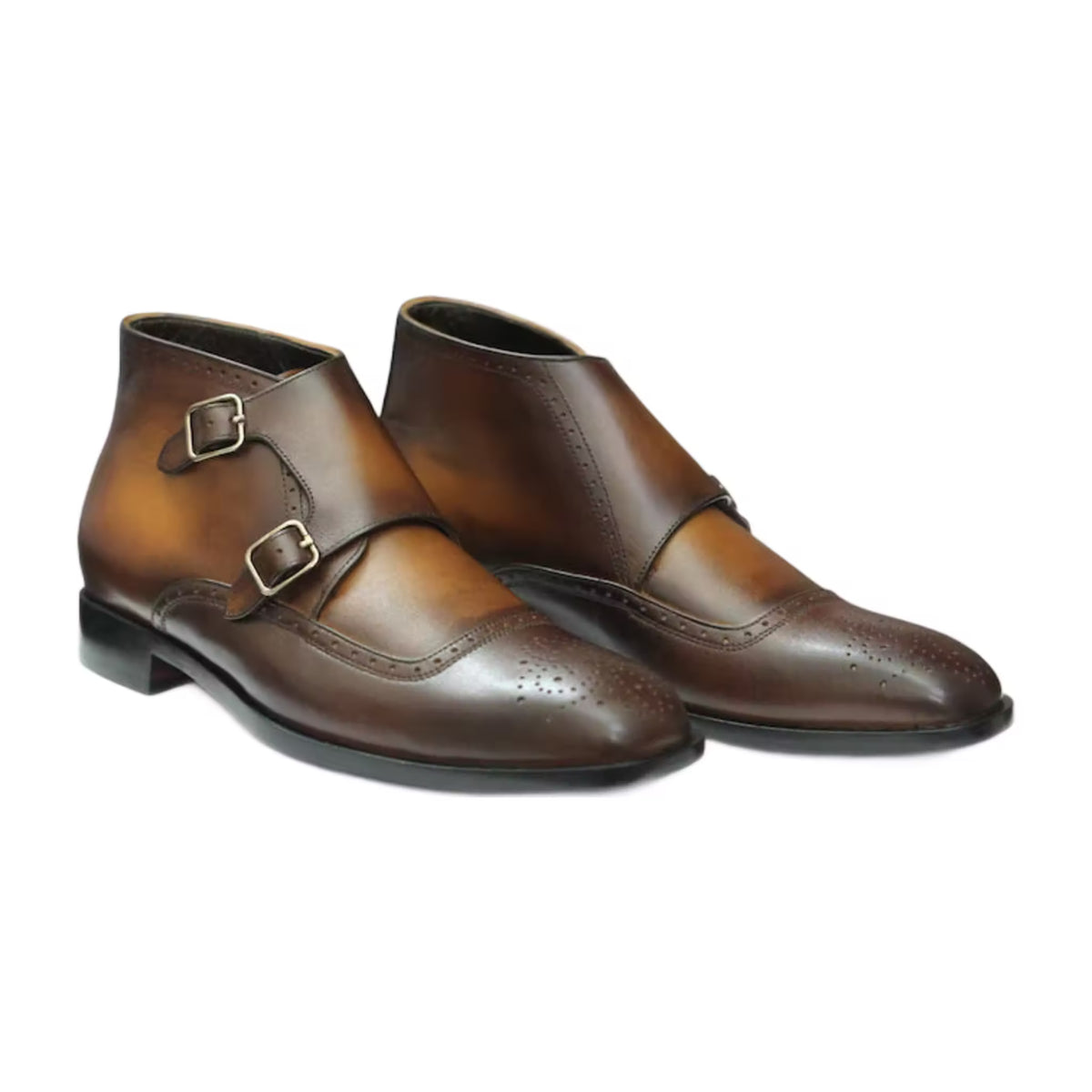 Handmade Leather Brogue Double Monk Strap Boots