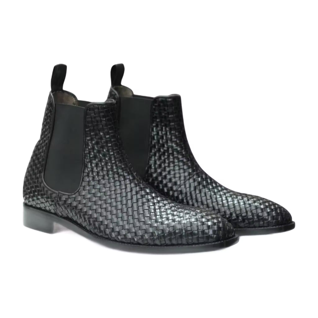 Handmade Full Grain Woven Leather Chelsea Boots
