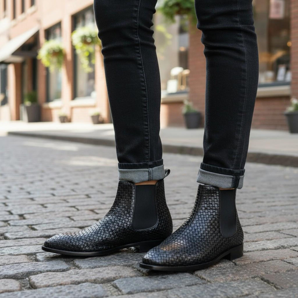 Handmade Full Grain Woven Leather Chelsea Boots