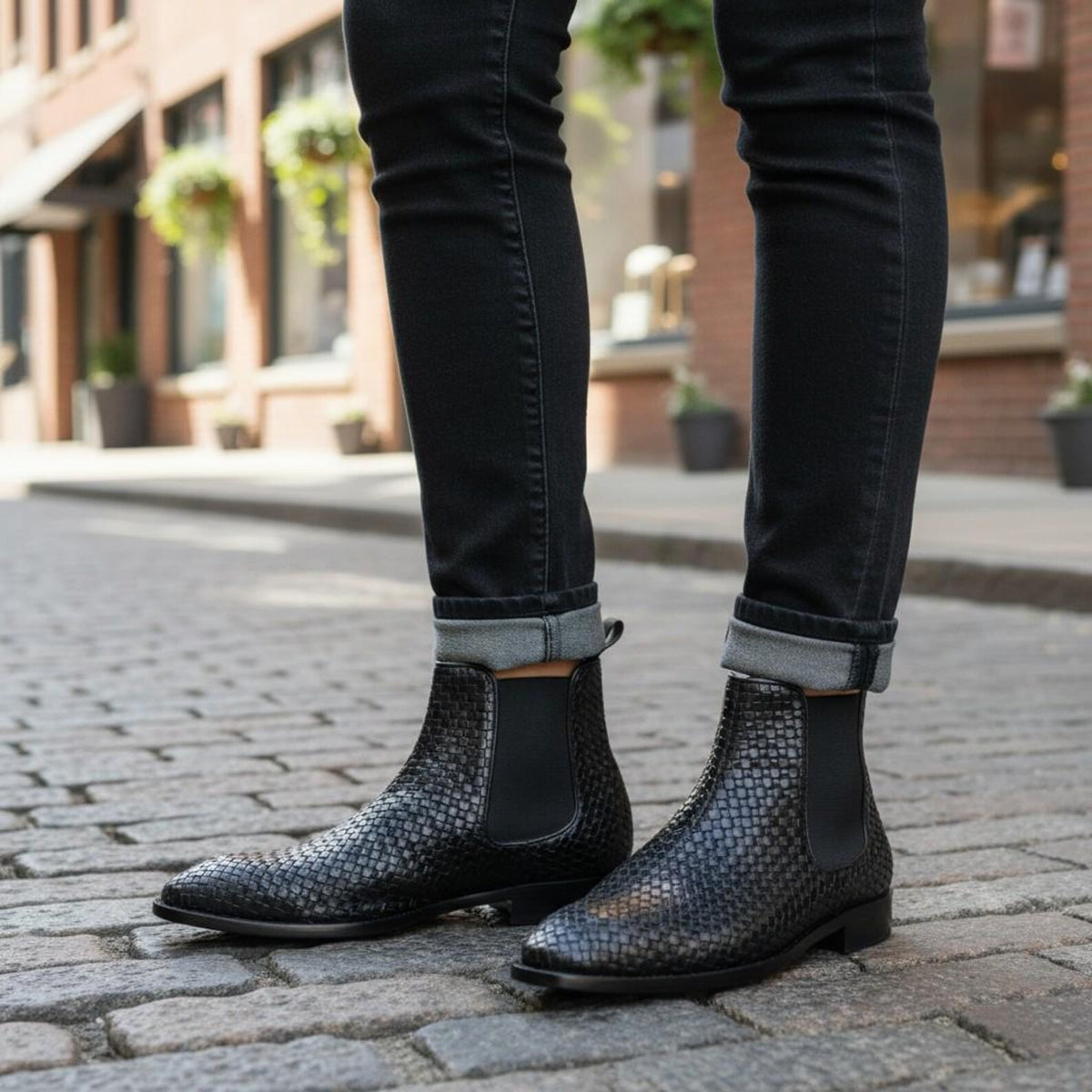 Handmade Full Grain Woven Leather Chelsea Boots