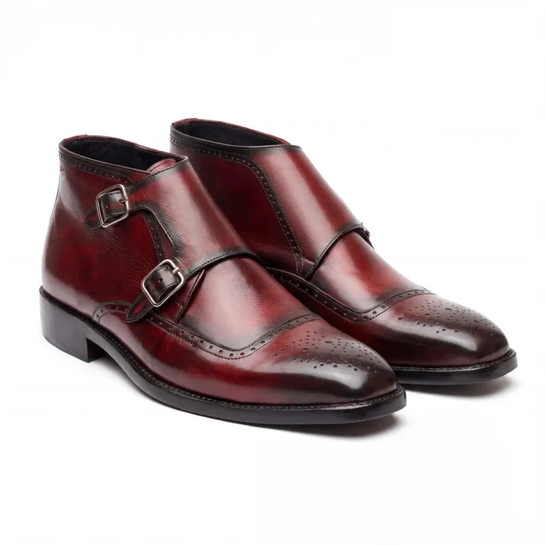 Handmade Mens Leather Brogue Double Monk Strap Boots