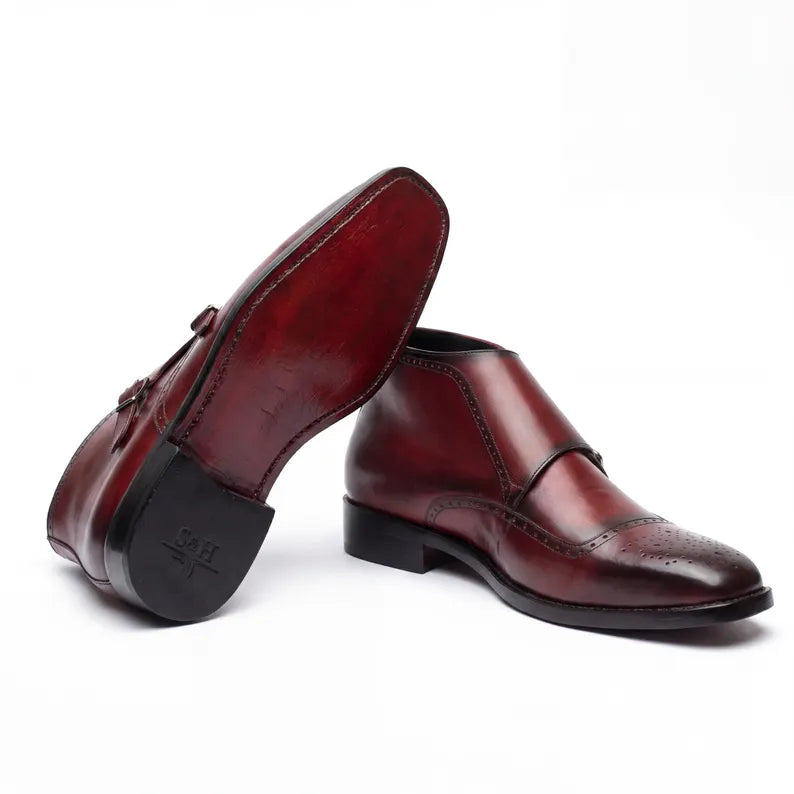 Handmade Mens Leather Brogue Double Monk Strap Boots