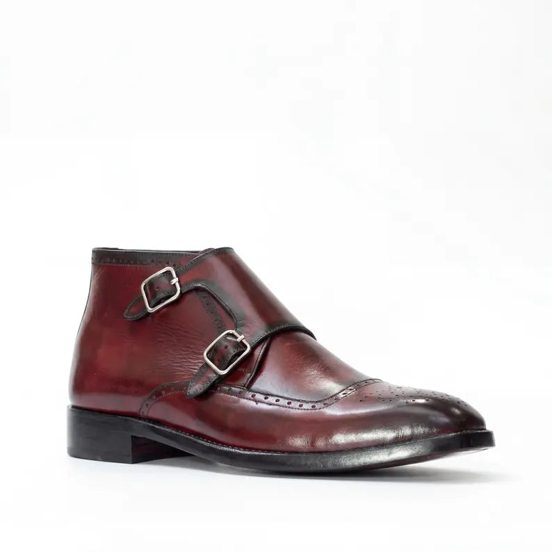 Handmade Mens Leather Brogue Double Monk Strap Boots