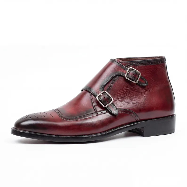 Handmade Mens Leather Brogue Double Monk Strap Boots
