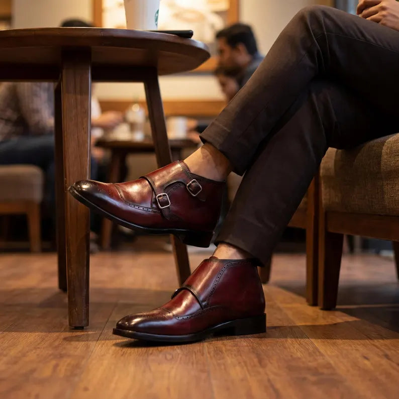 Handmade Mens Leather Brogue Double Monk Strap Boots