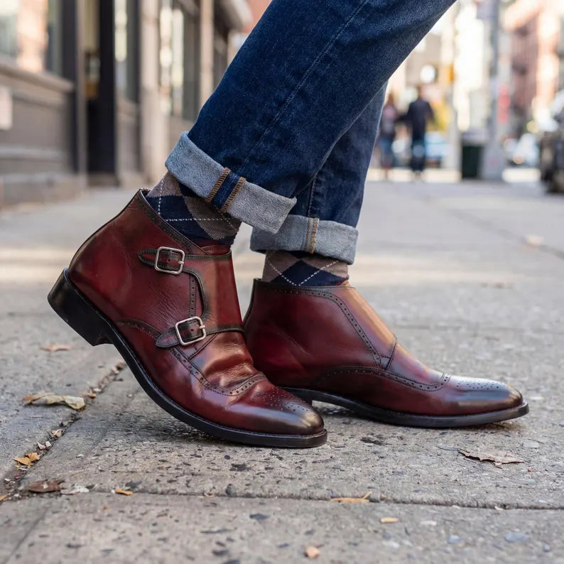 Handmade Mens Leather Brogue Double Monk Strap Boots
