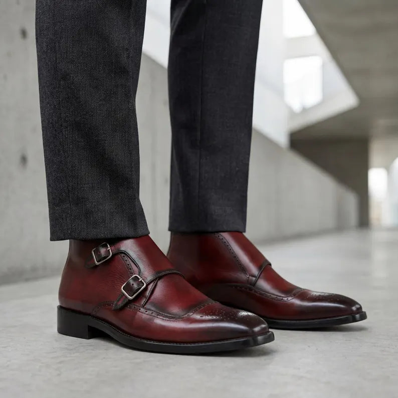 Handmade Mens Leather Brogue Double Monk Strap Boots