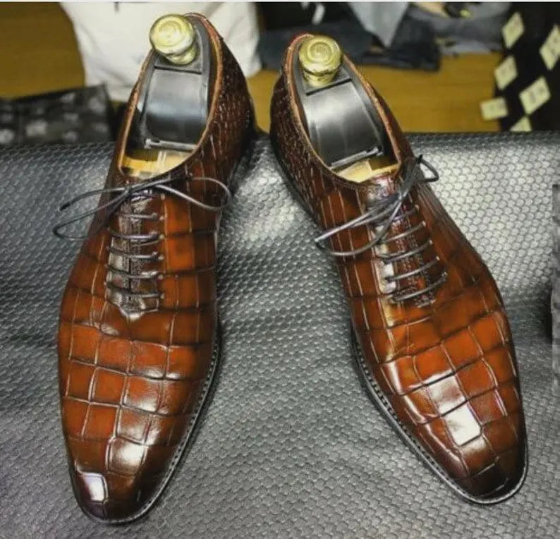 Handmade Alligator Print Leather Oxford Shoes