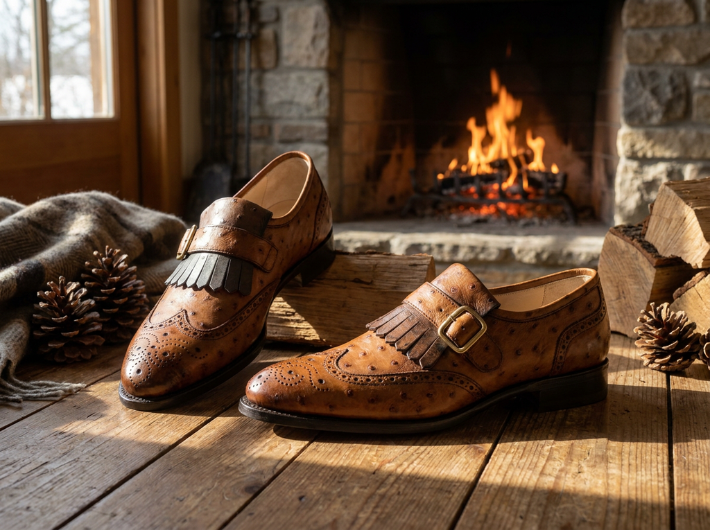 Ostrich Leather Kiltie Monk Strap Shoes
