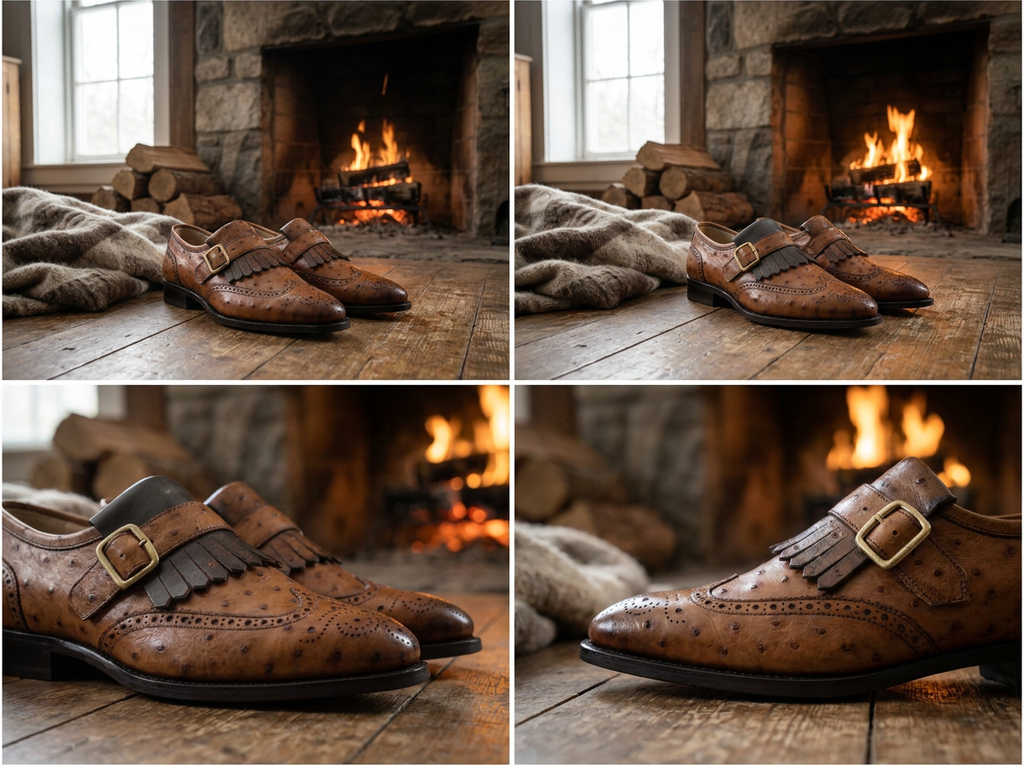 Ostrich Leather Kiltie Monk Strap Shoes
