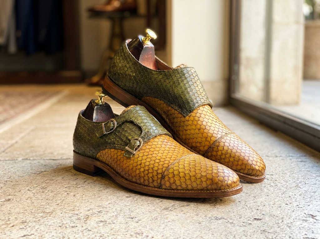 Handmade Two-Tone Leather Double Monk Strap Shoes