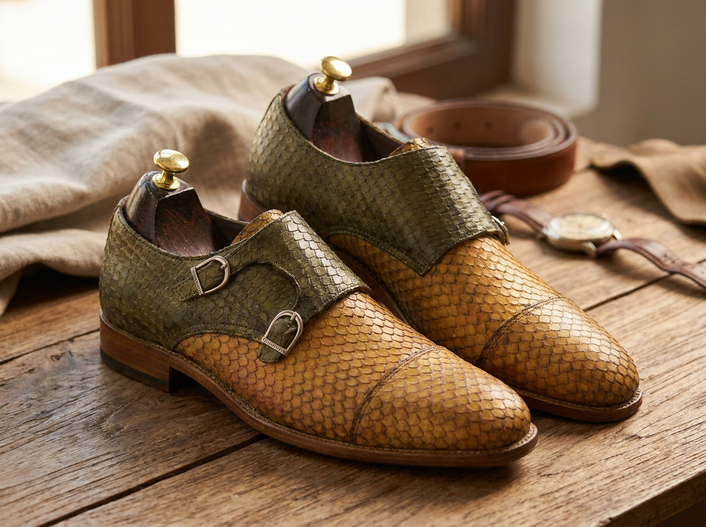 Handmade Two-Tone Leather Double Monk Strap Shoes