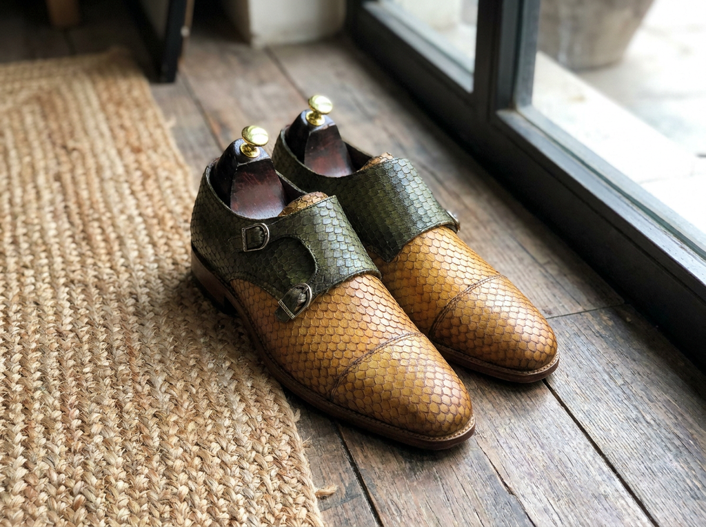 Handmade Two-Tone Leather Double Monk Strap Shoes