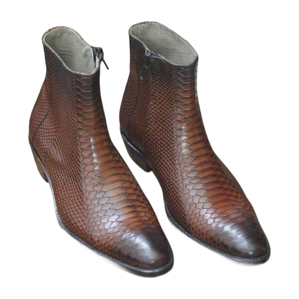 Handmade Brown Python Texture Zip Ankle Boots