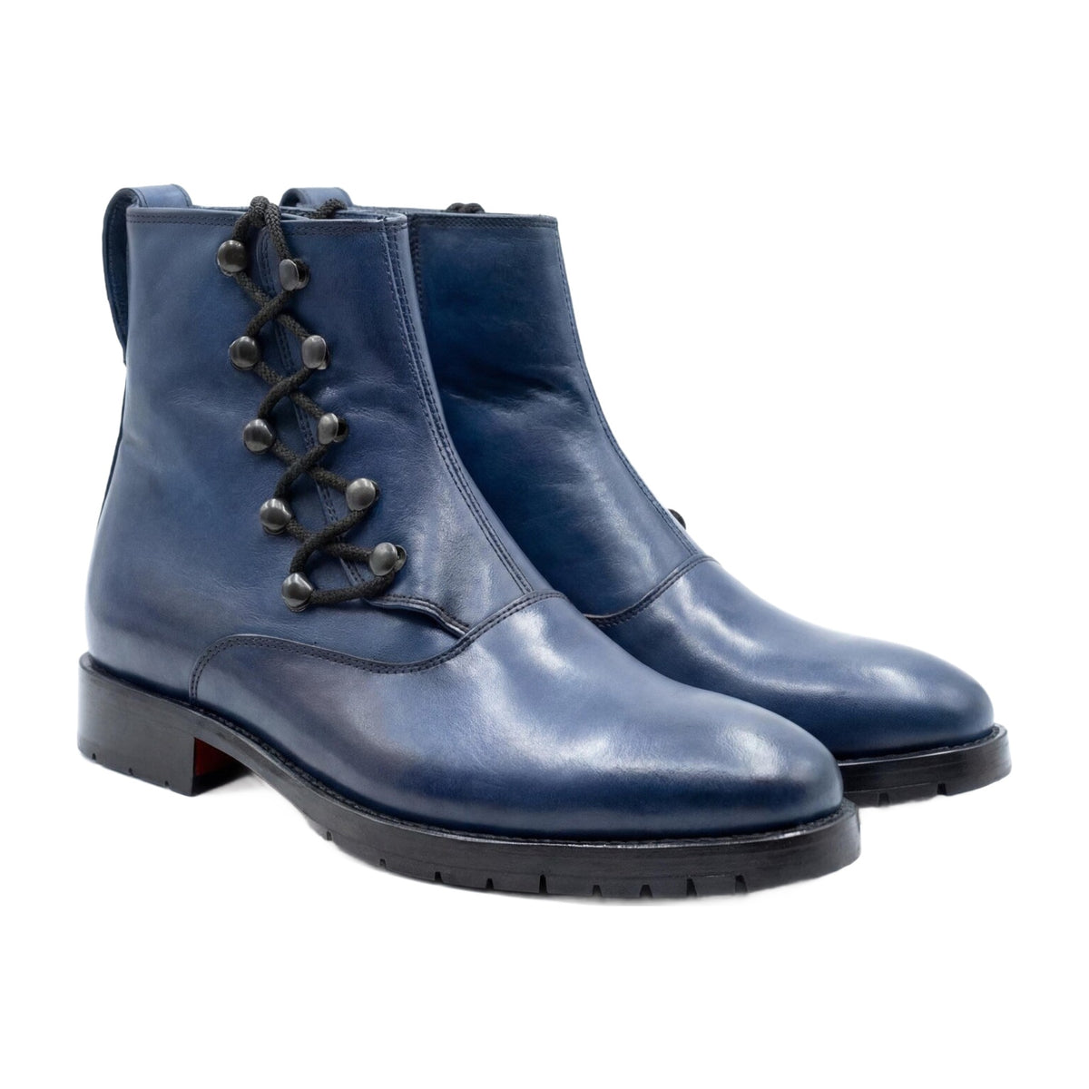 Handmade Navy Blue Leather Lace-Up Dress Boots