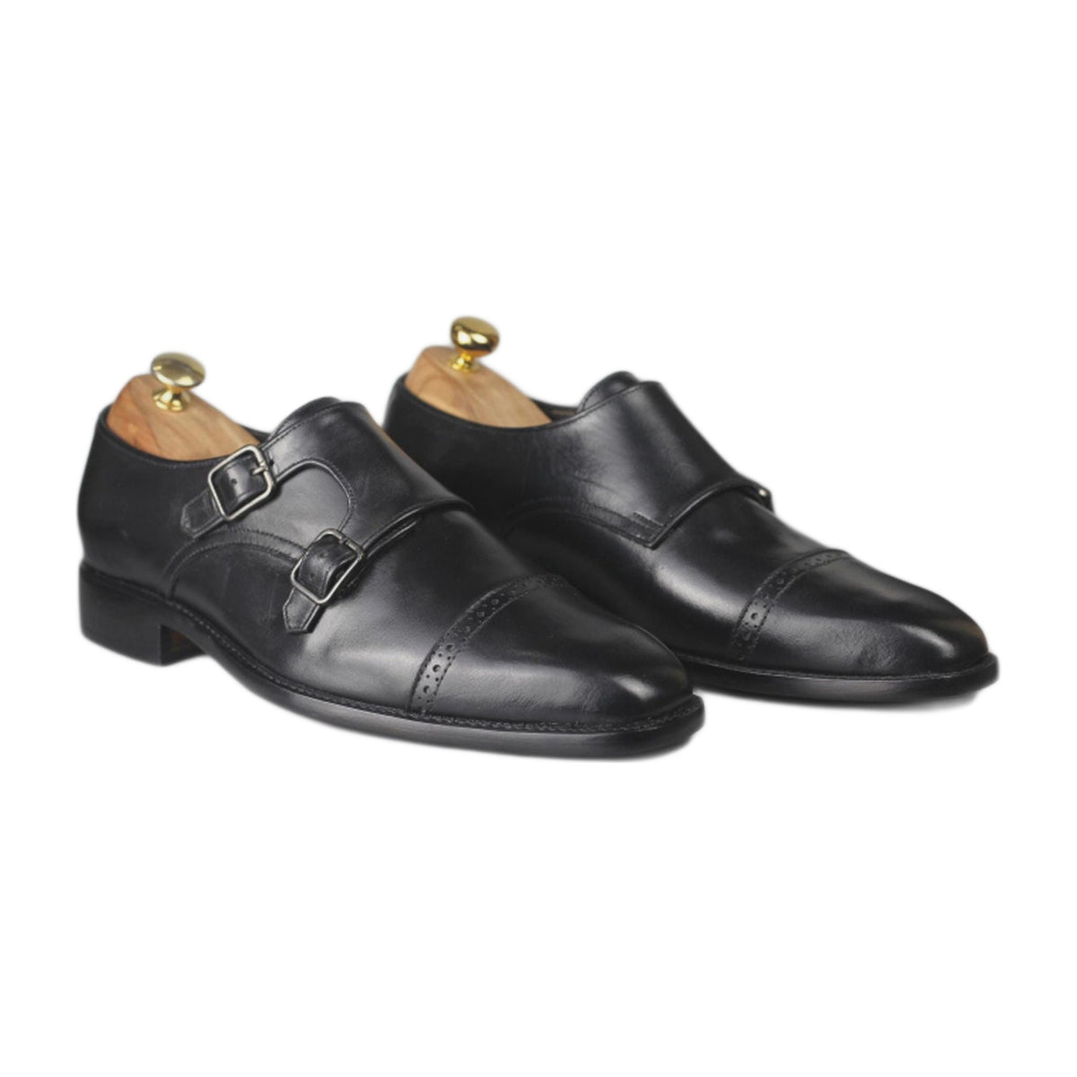 Handmade Black Cap-Toe Double Monk Strap Shoes