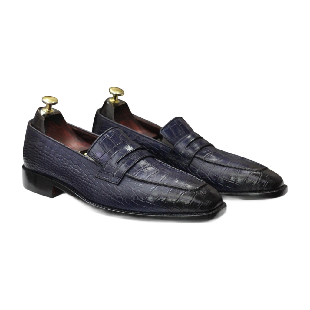 Handmade Navy Blue Alligator Print Loafers