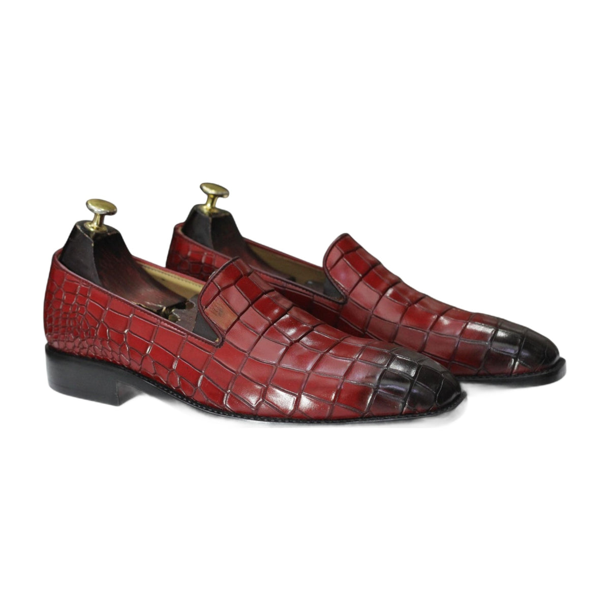 Handmade Maroon Alligator Print Penny Loafers