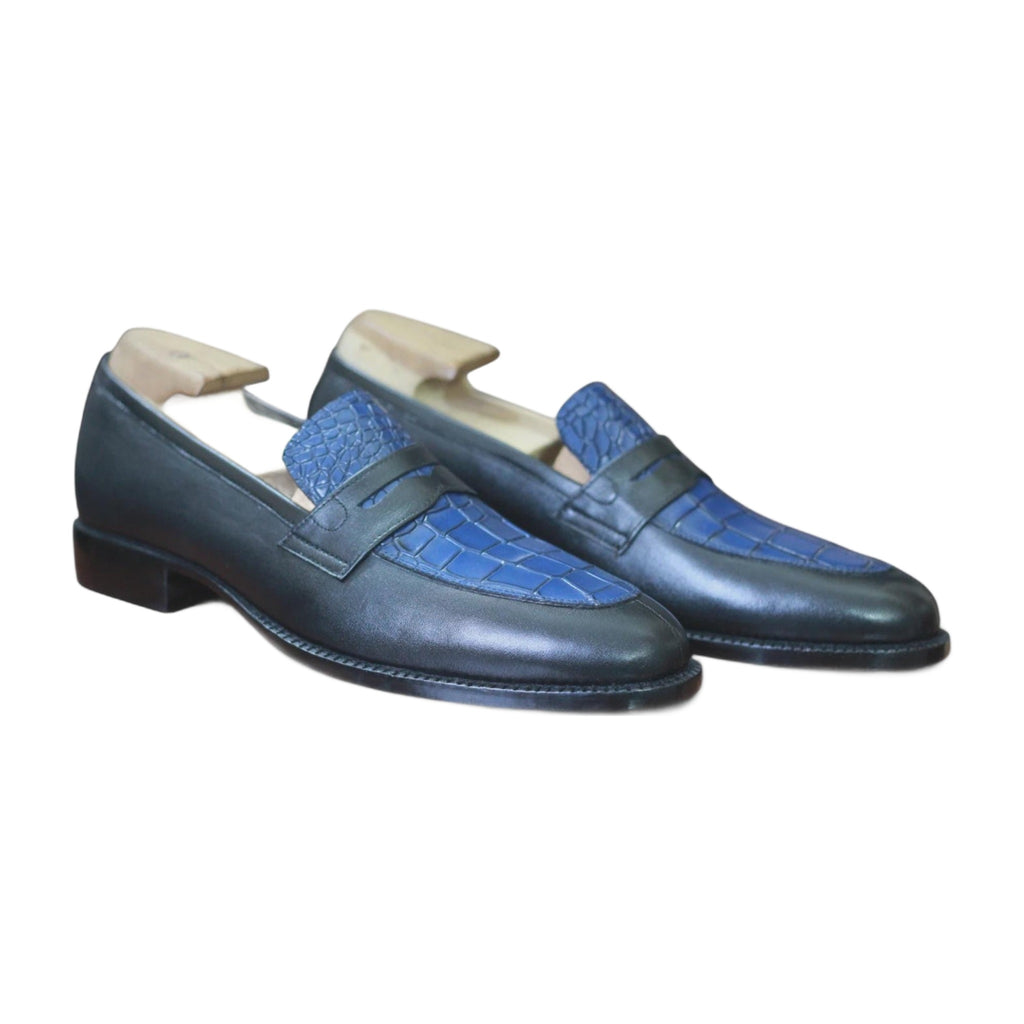 Handmade Black & Blue Alligator Print Penny Loafers