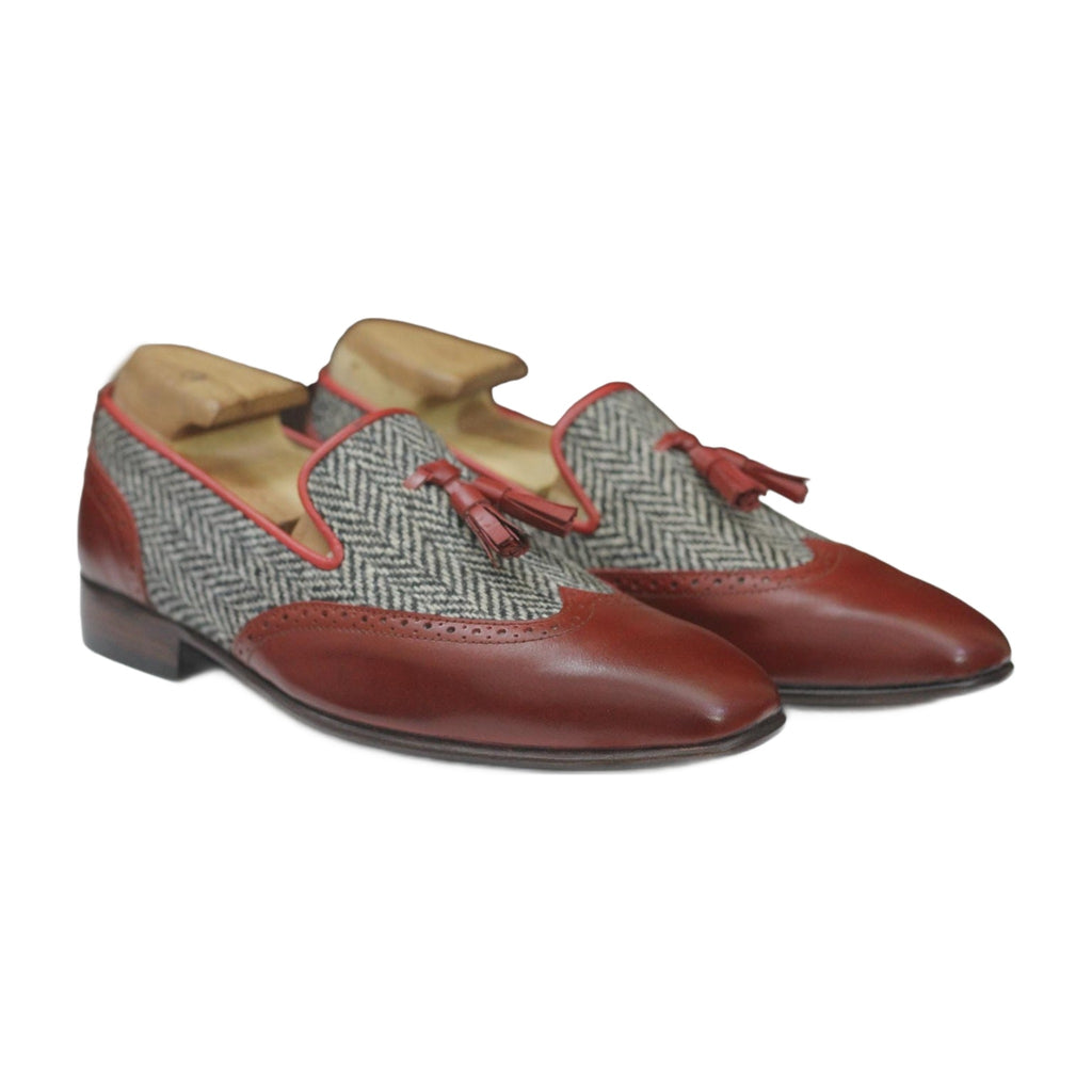 Handmade Maroon Leather & Tweed Tassel Loafers