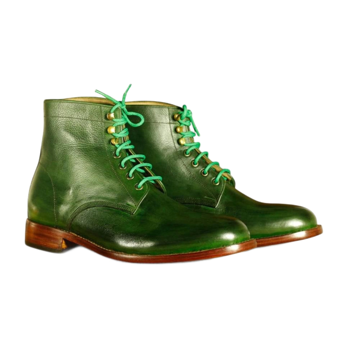 Handmade Green Leather Lace-Up Ankle Boots