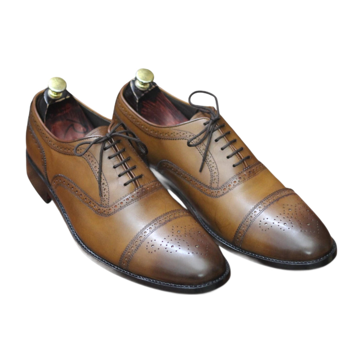 Handmade Cognac Leather Cap-Toe Brogue Oxford Shoes