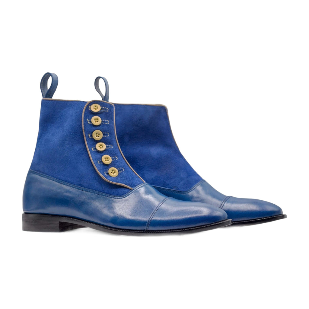 Handmade Blue Leather & Suede Wingtip Button Boots