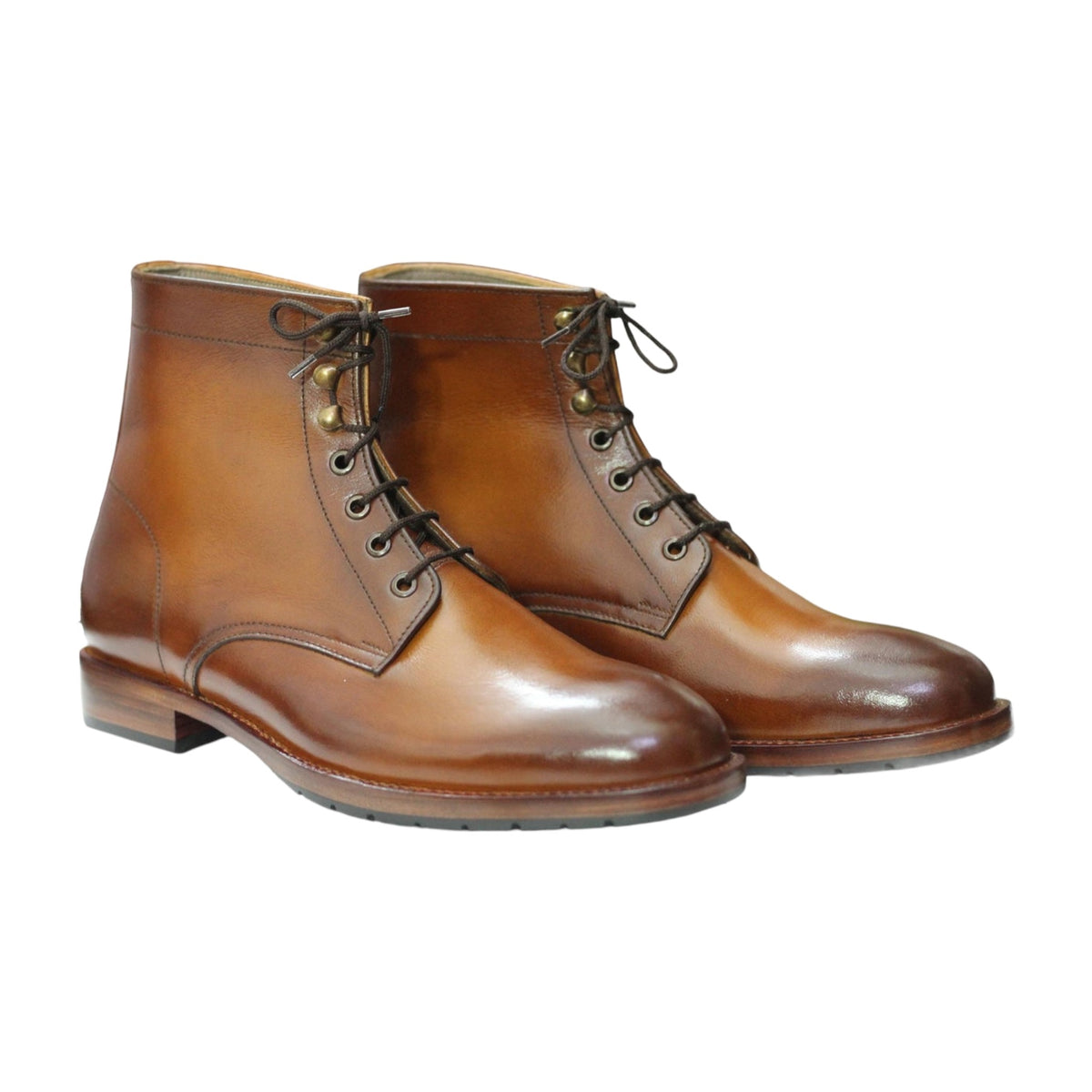 Handmade Tan Brown Leather Lace-Up Zip Ankle Boots