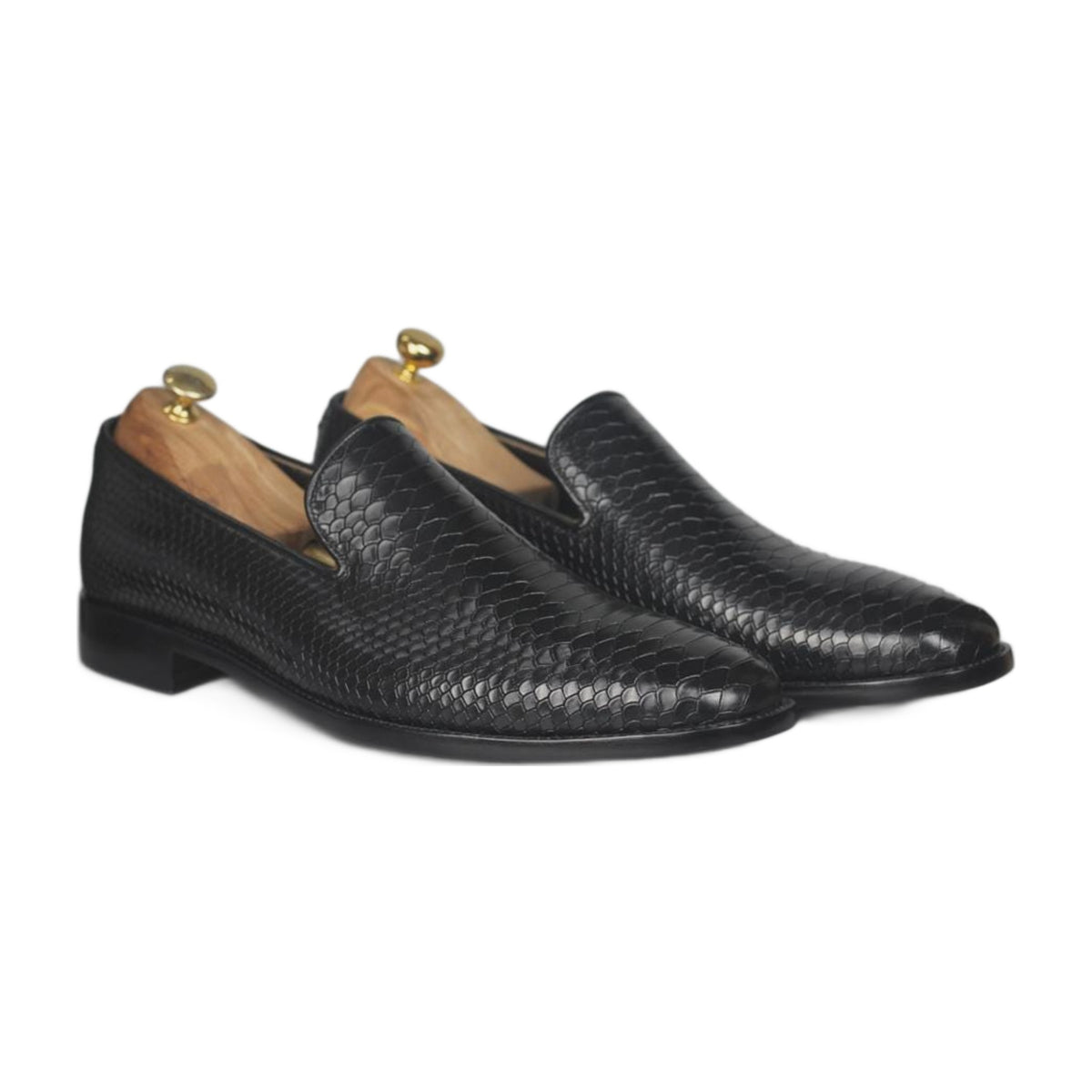 Handmade Black Python Print Penny Loafers