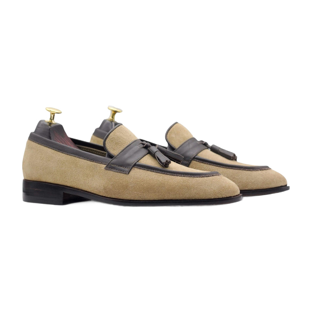 Handmade Brown & Beige Suede Tassel Loafers