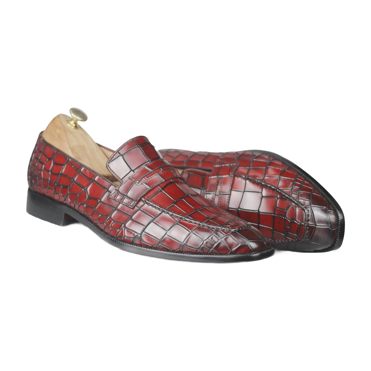 Handmade Burgundy Alligator Print Full Strap Penny Loafers