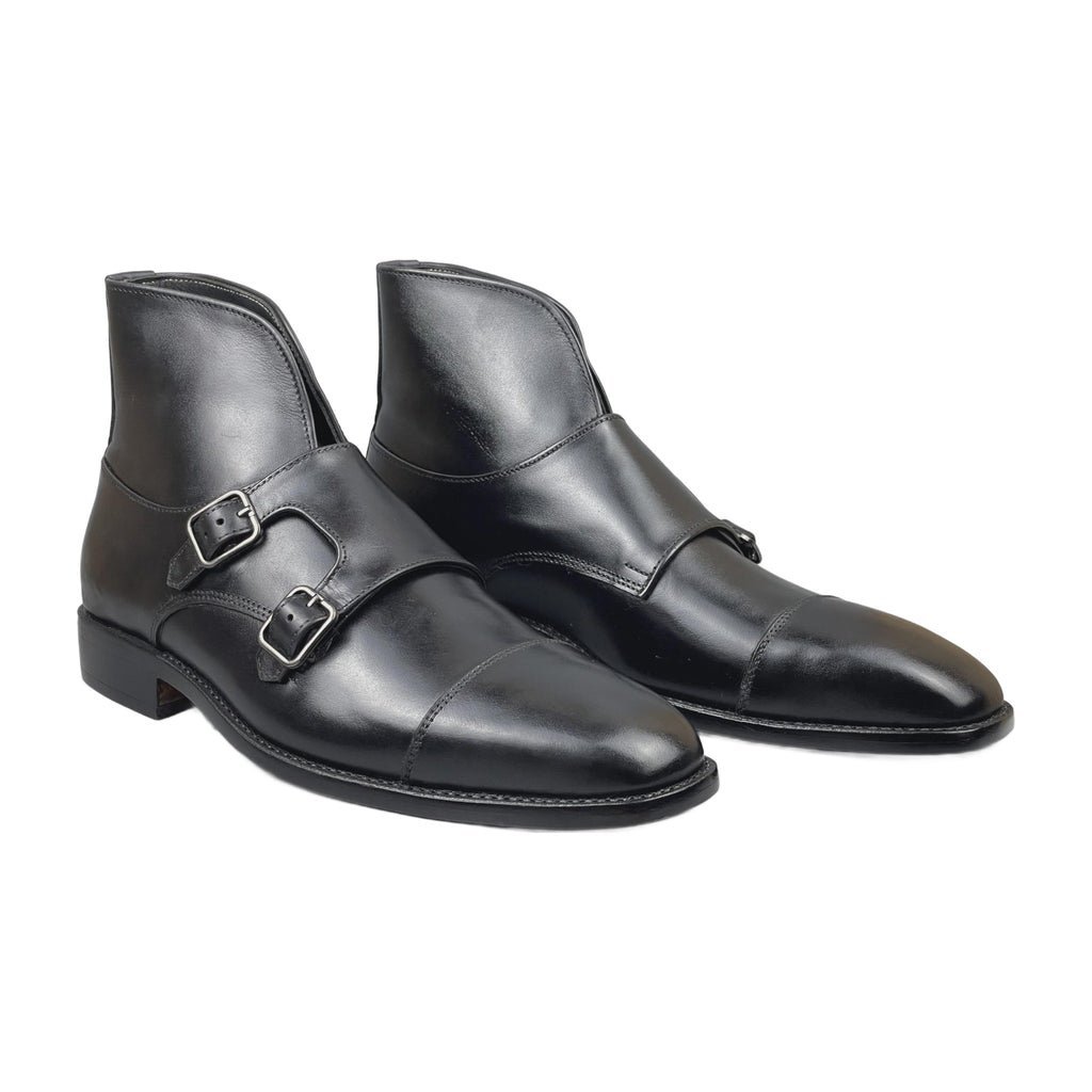 Handmade Black Leather Double Monk Strap Boots