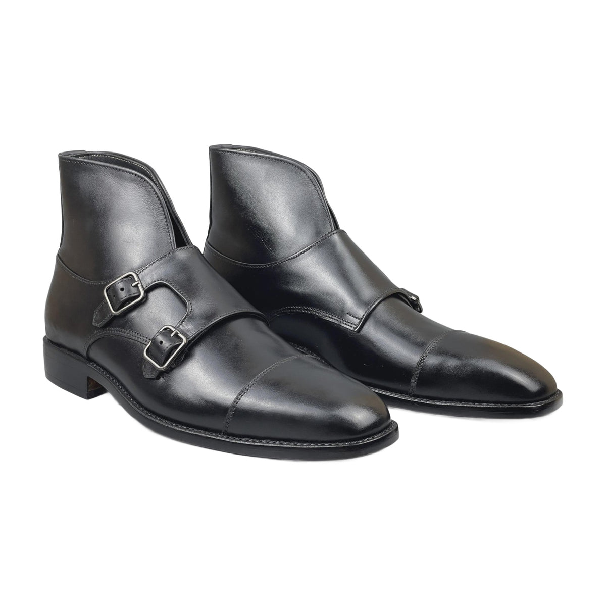 Handmade Black Leather Double Monk Strap Boots