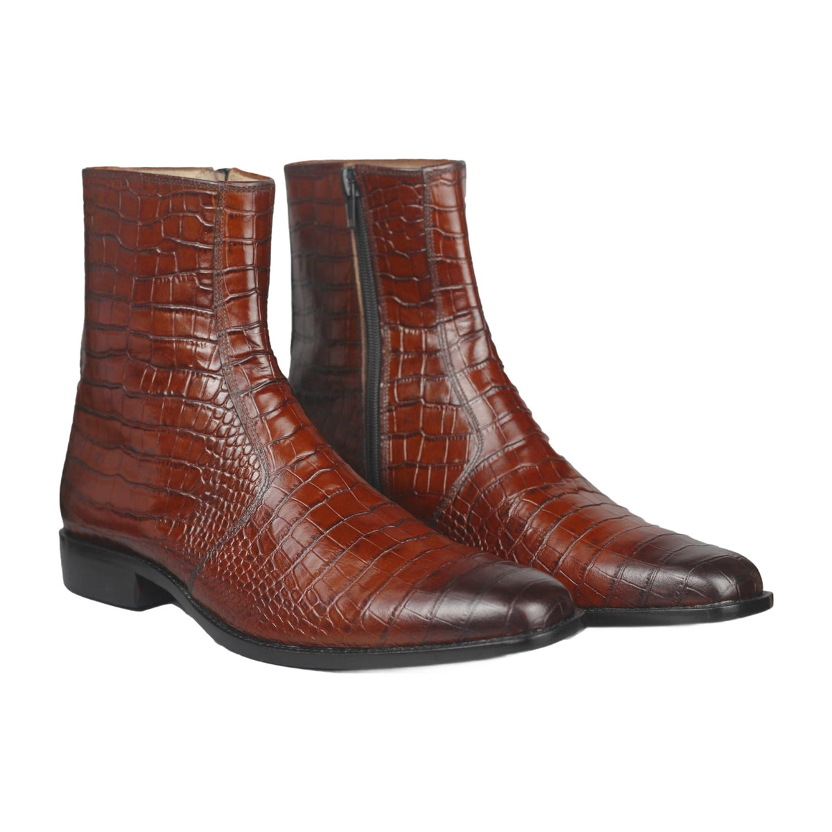 Handmade Burgundy Alligator Print Zip Ankle Boots