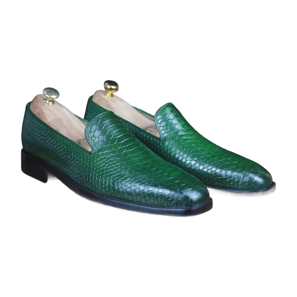 Handmade Green Python Print Penny Loafers