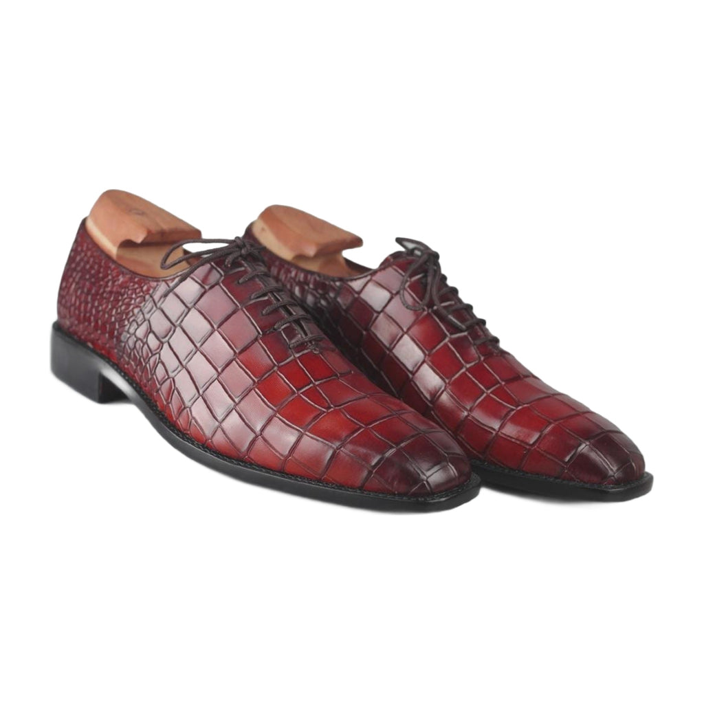 Handmade Burgundy Alligator Print Wholecut Oxford Shoes