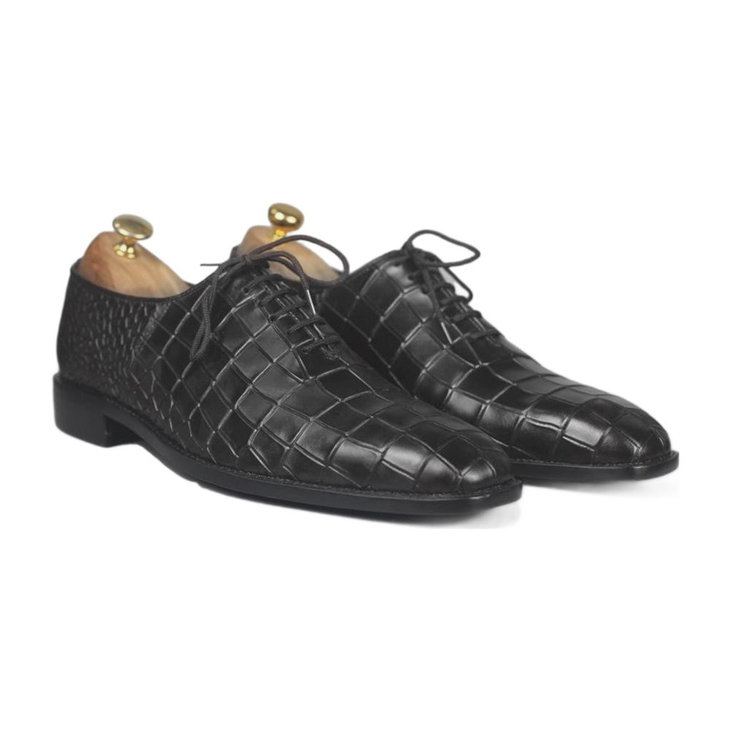 Handmade Black Alligator Print Wholecut Oxford Shoes