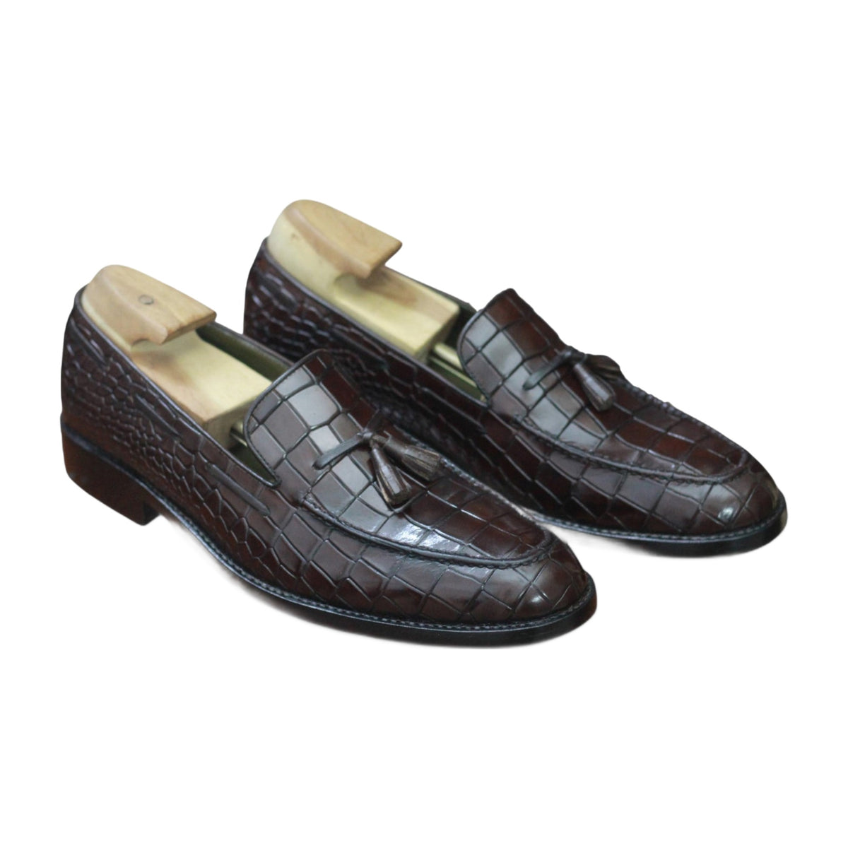 Handmade Brown Alligator Print Tassel Slip-On Loafers